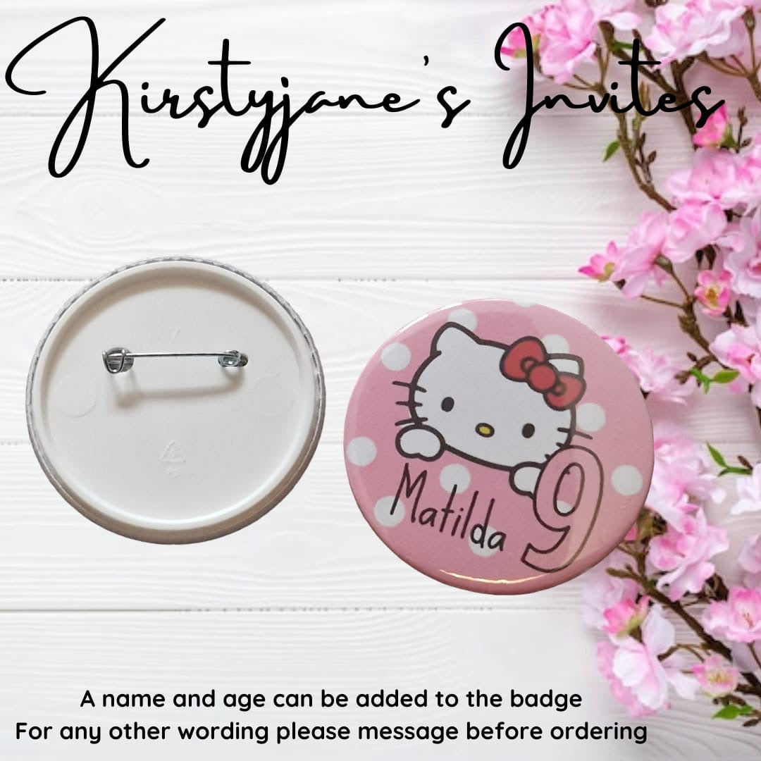 Personalised hello kitty girls cat age name birthday badge