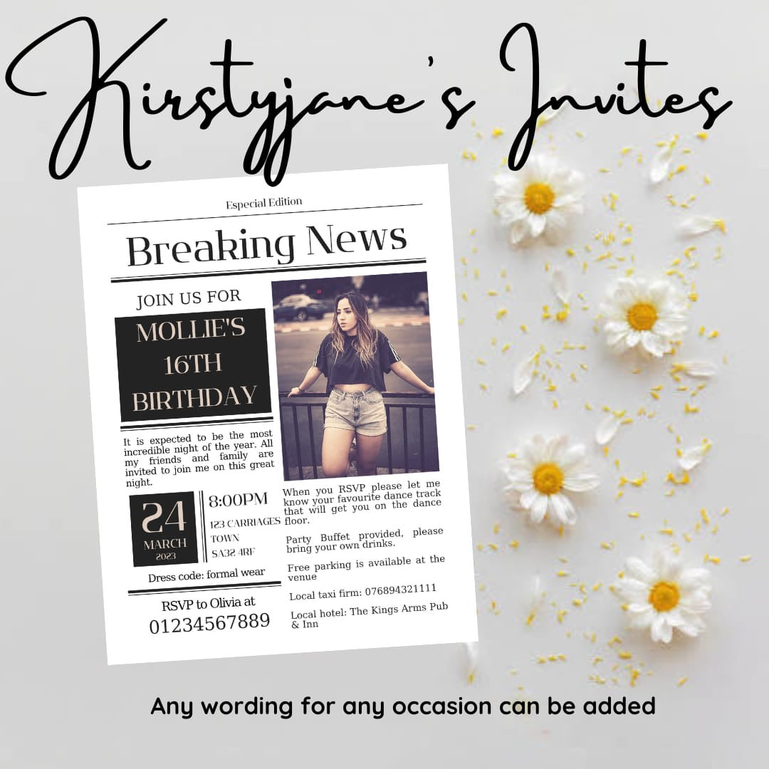 Personalised kids adults unique newspaper style birthday party invitations
