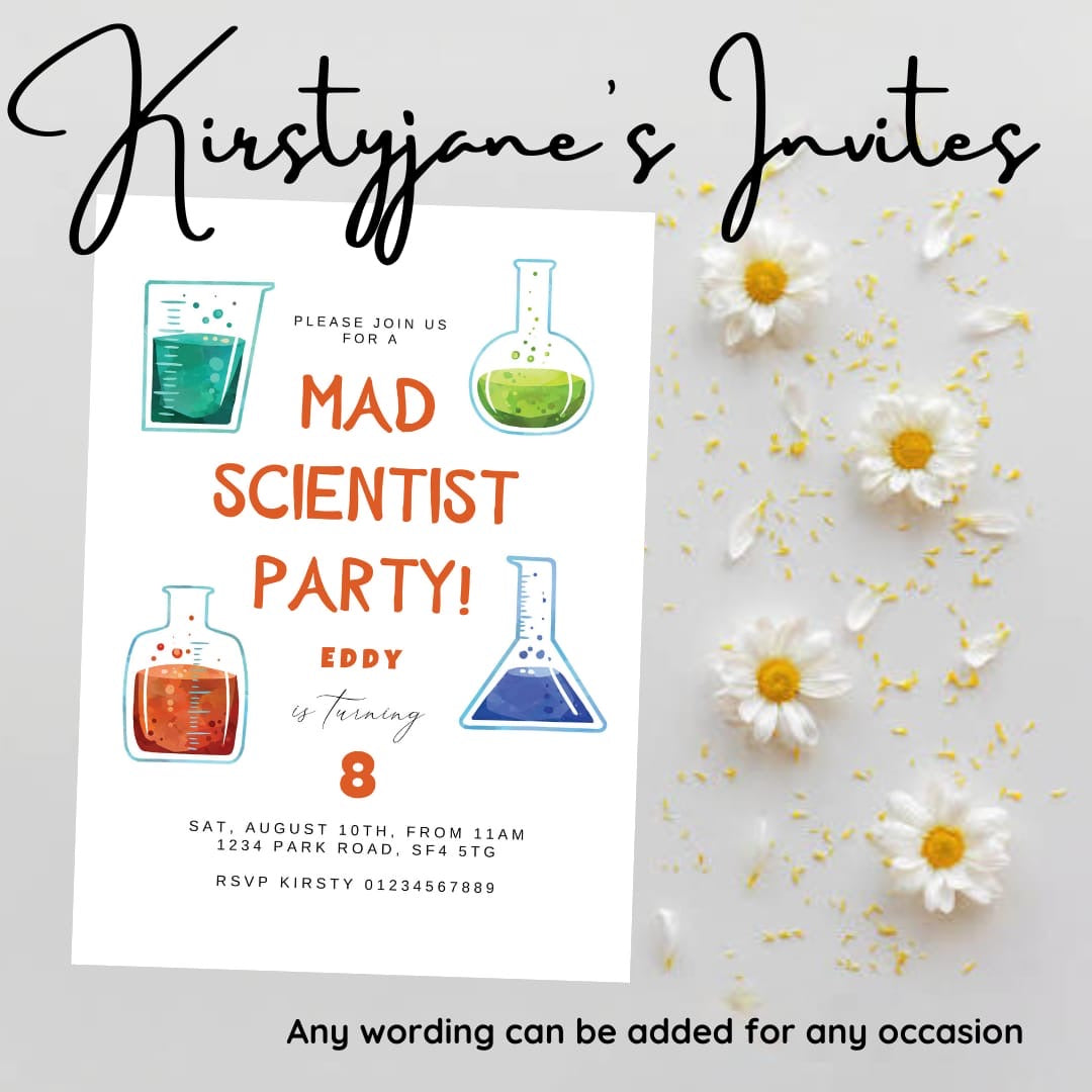 Personalised kids scientist birthday party invitations