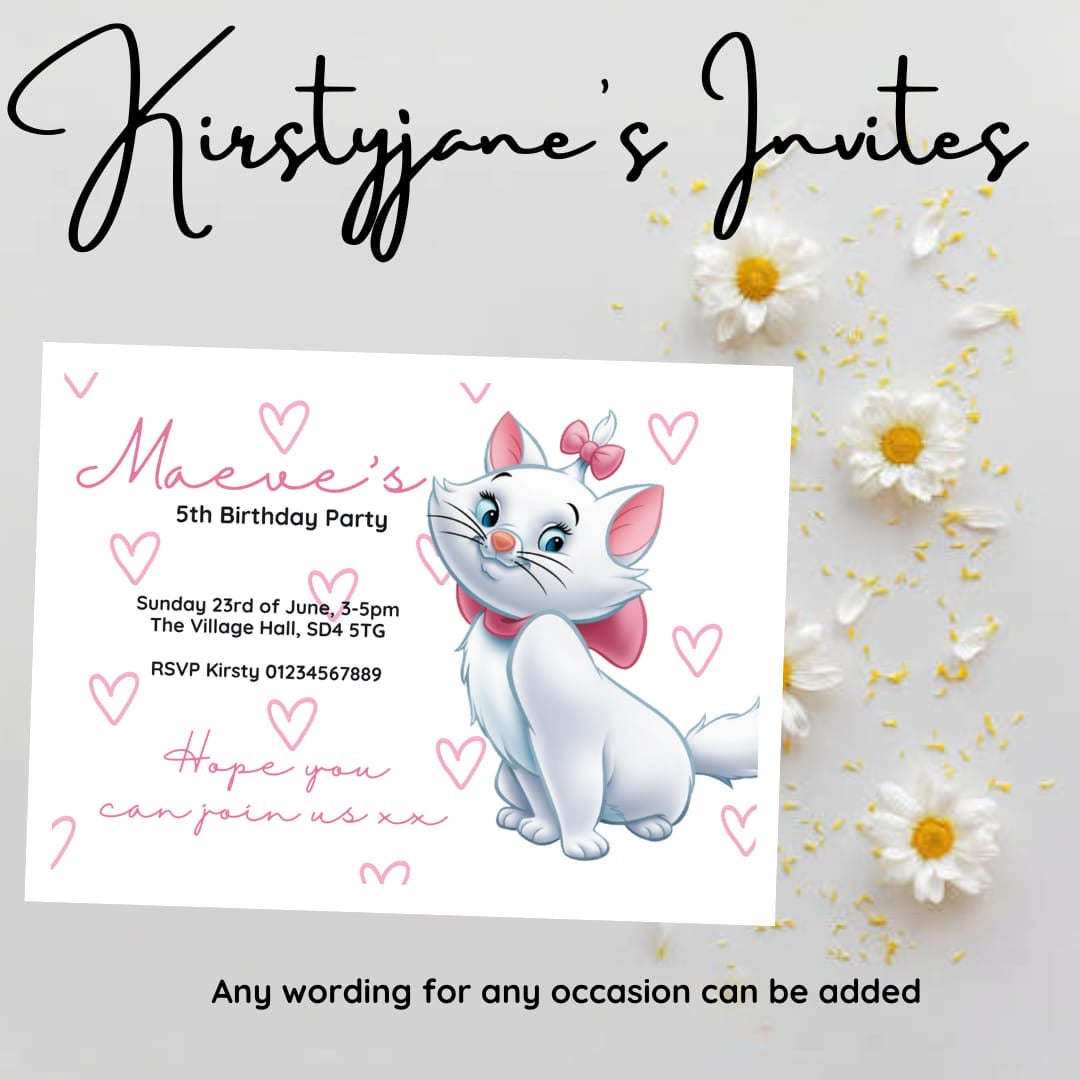Personalised kids Marie cat birthday party invitations