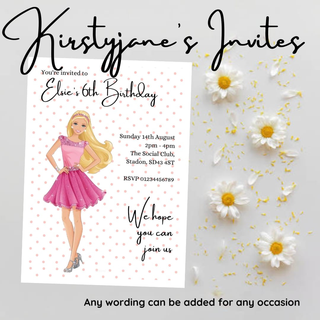 Personalised barbie girls birthday invitations