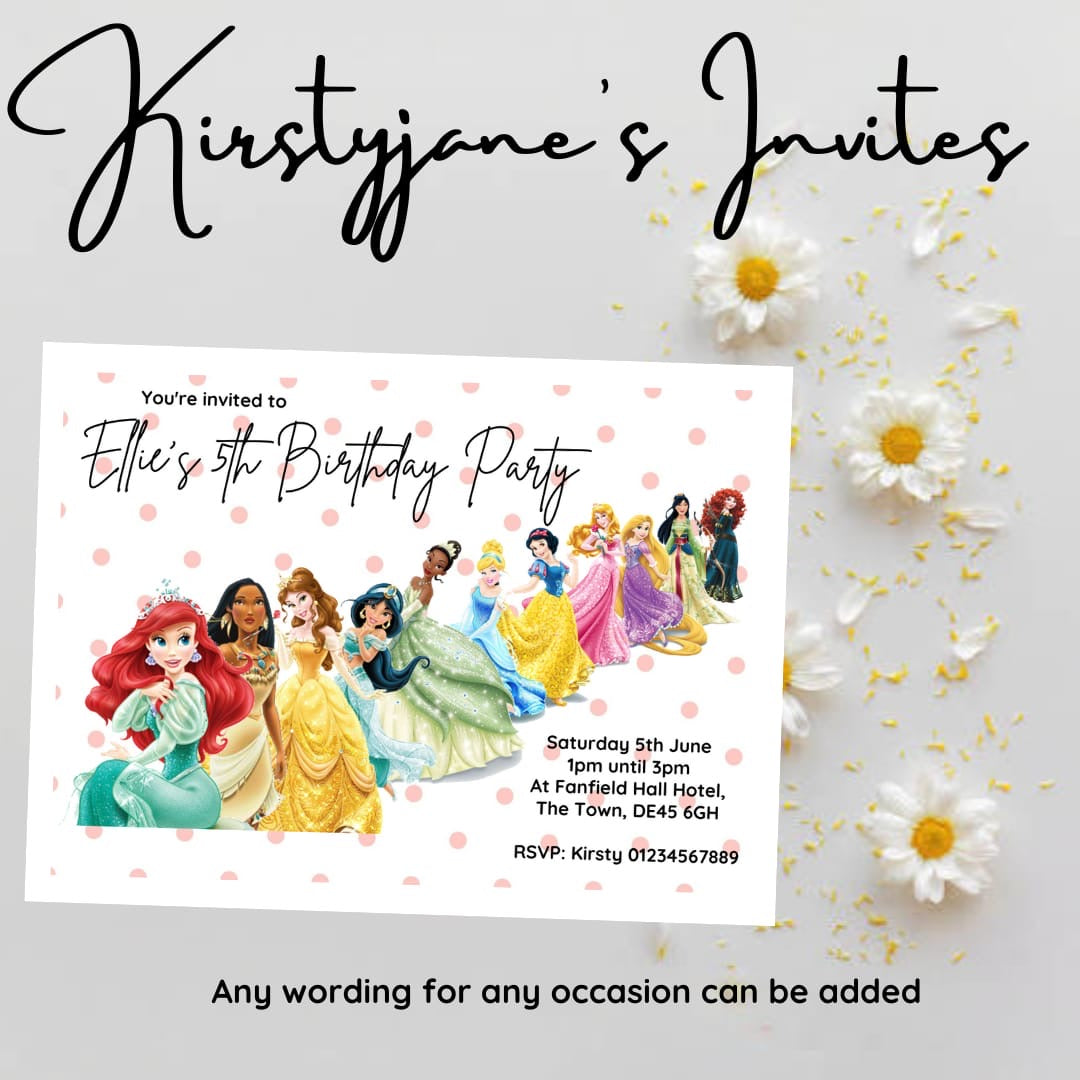 Personalised Disney princess party birthday invitations