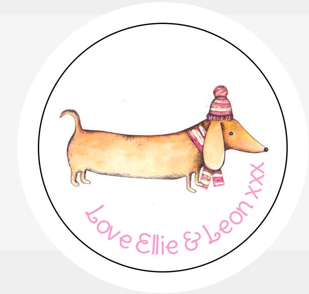 Personalised Christmas Xmas present stickers Sausage dog Dachshund