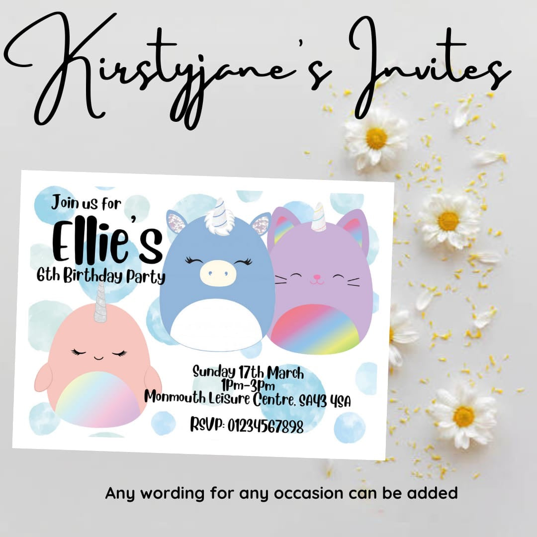 Personalised Squishmallows birthday invitations