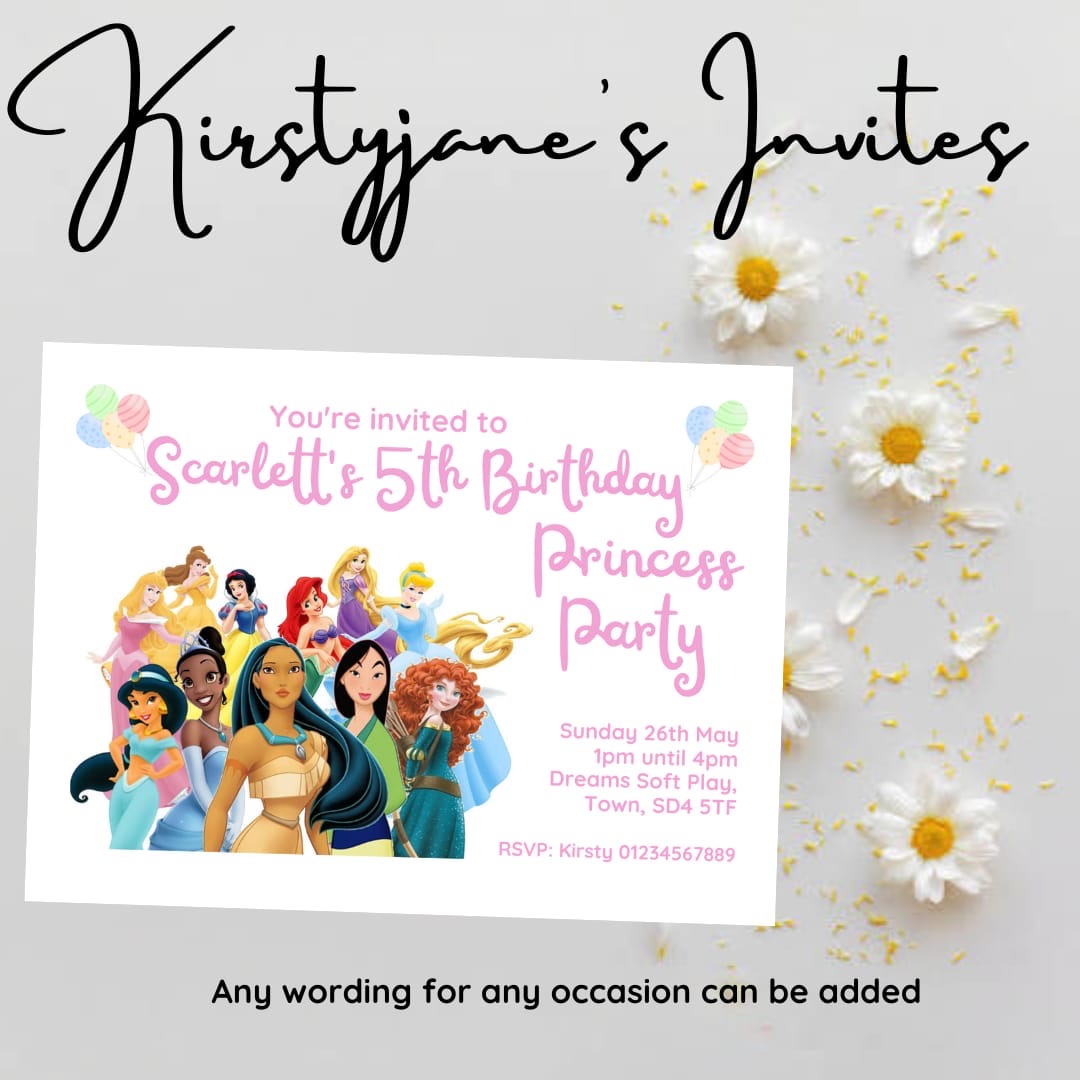 Personalised kids Disney Princess birthday party invitations