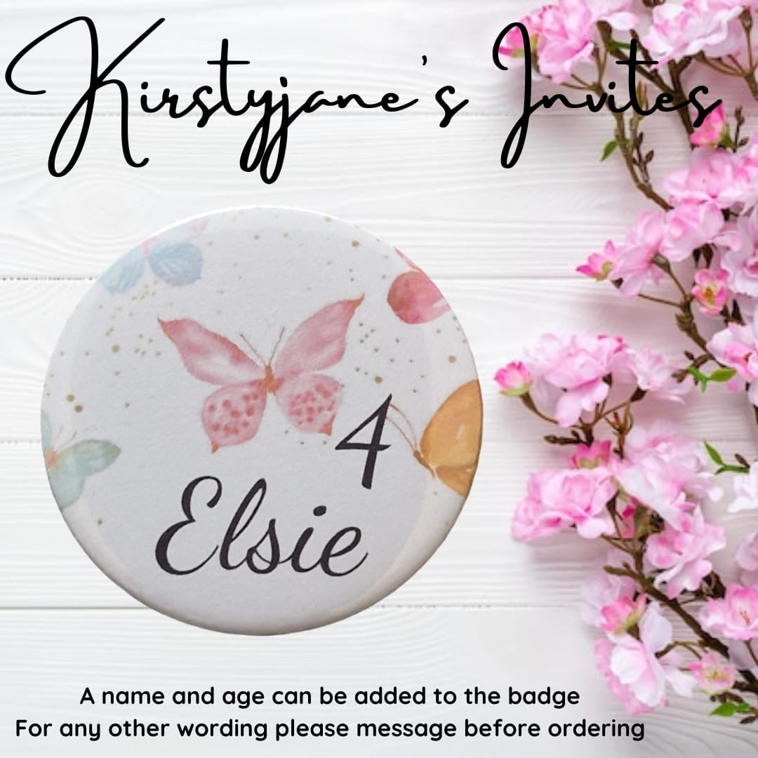 Personalised butterfly girls child kids age name birthday badge