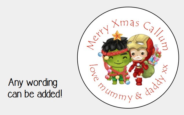 Personalised Christmas Xmas present stickers iron man and hulk