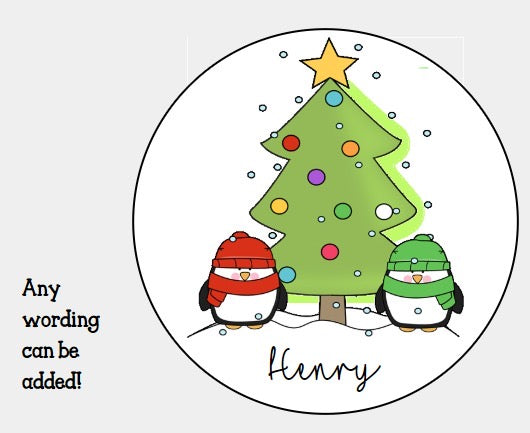 Personalised Christmas Xmas presents stickers Christmas tree penguin
