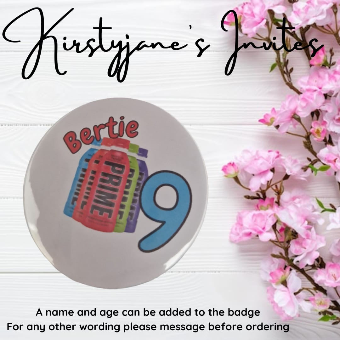 Personalised kids prime name age birthday party badge
