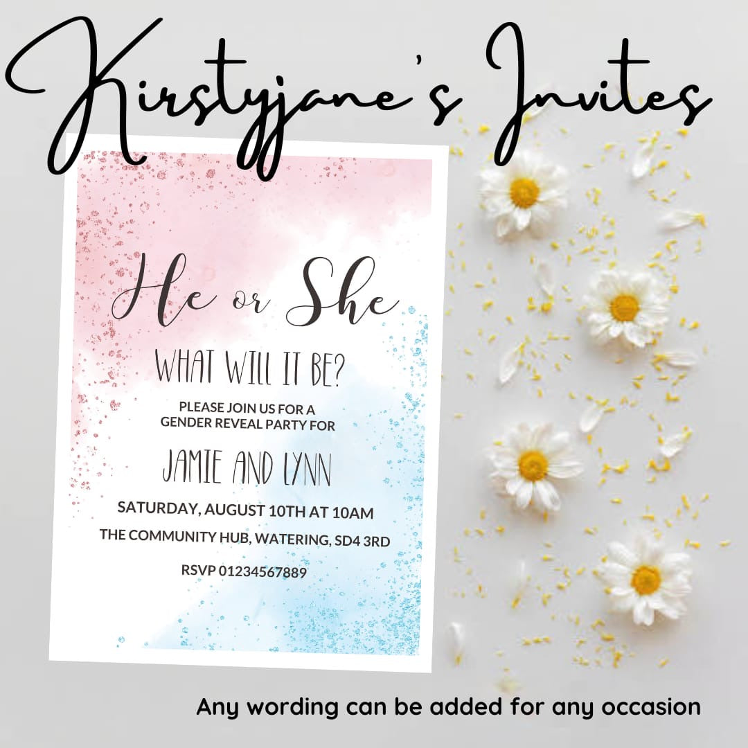 Personalised baby gender reveal party birthday invitations
