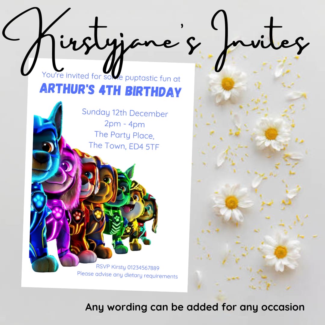 Personalised Paw patrol mighty pups party birthday invitations