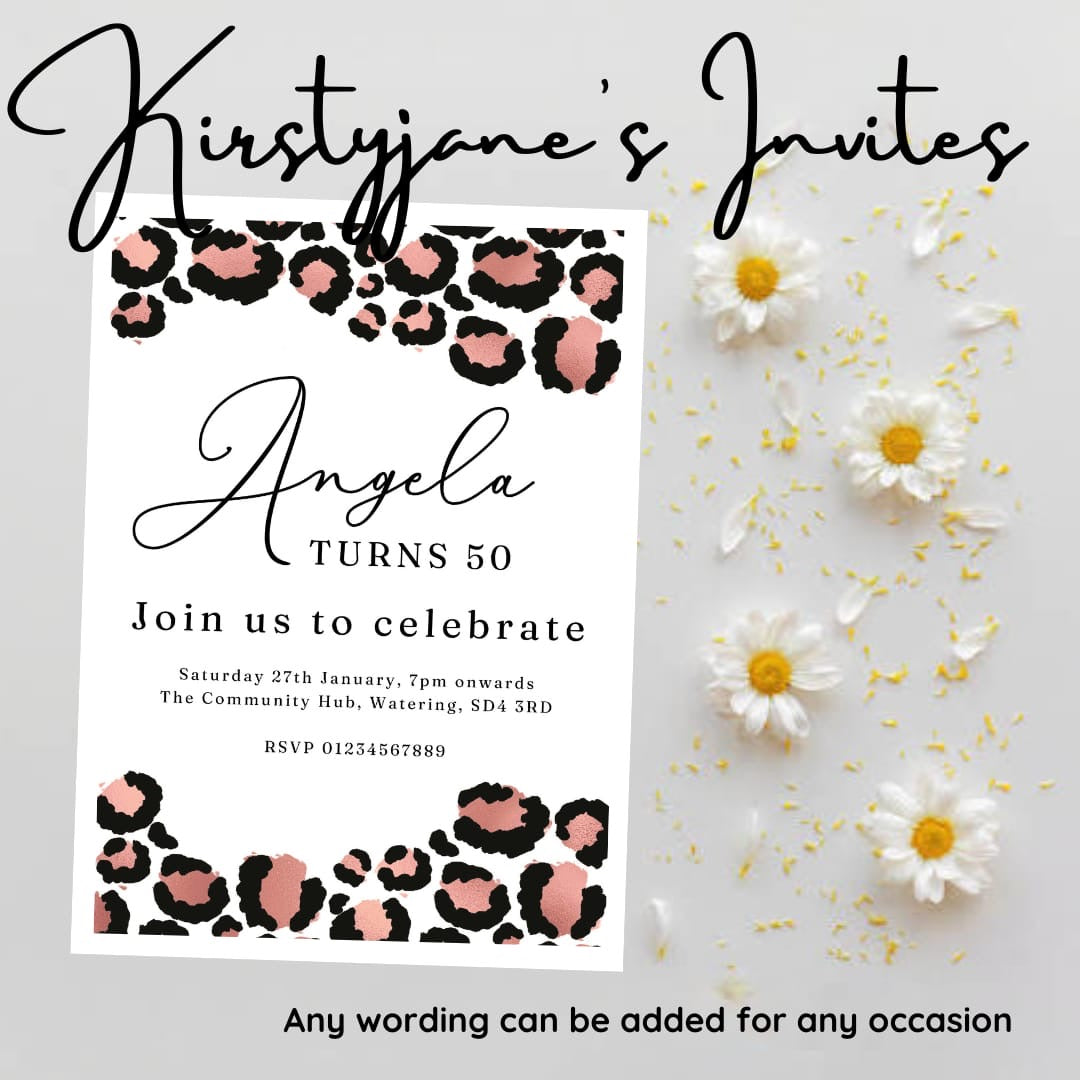 Personalised leopard print adults age party birthday invitations