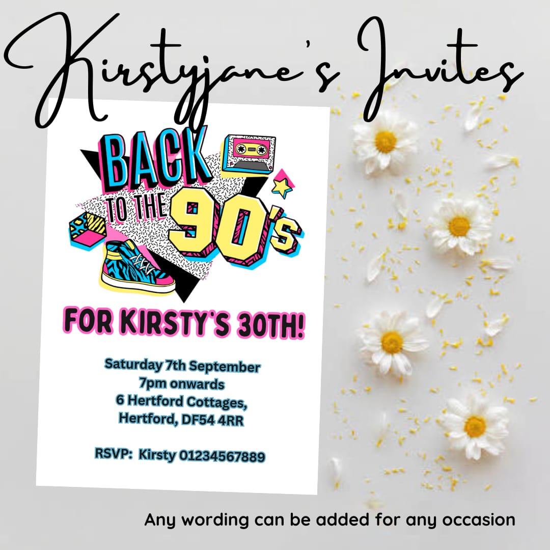 Personalised adults back to the 90s birthday party invitations