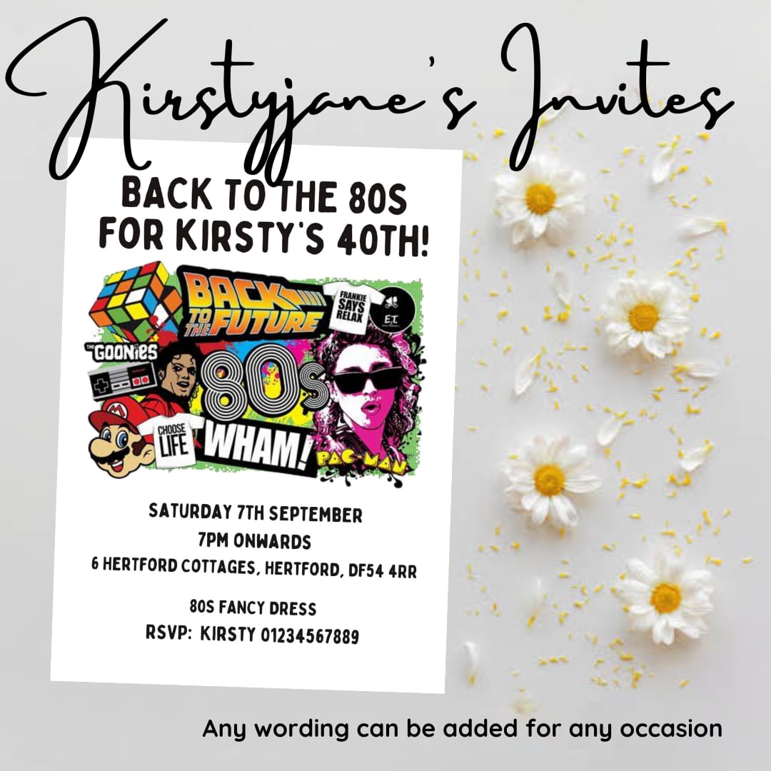 Personalised adults back to the 80s birthday party invitations