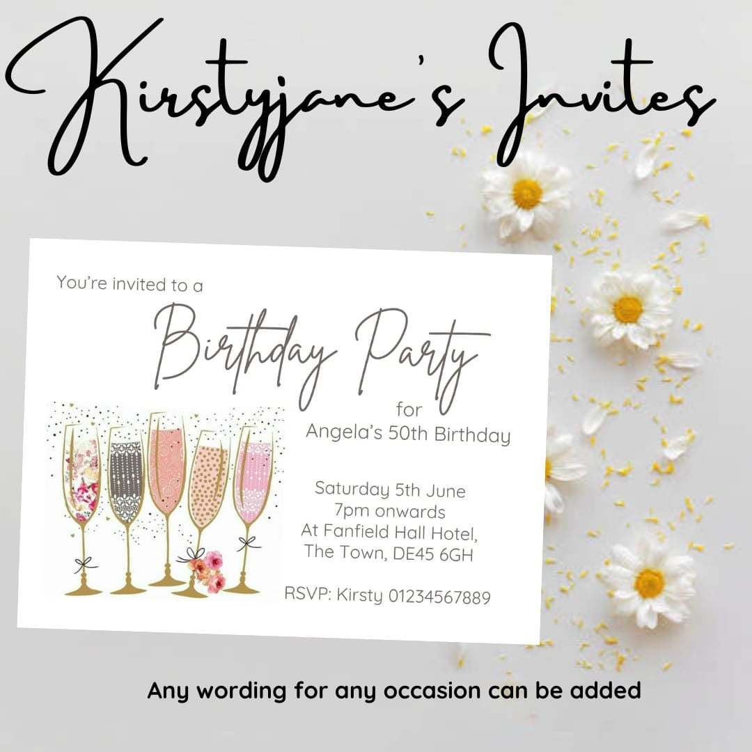 Personalised adults age champagne party birthday invitations