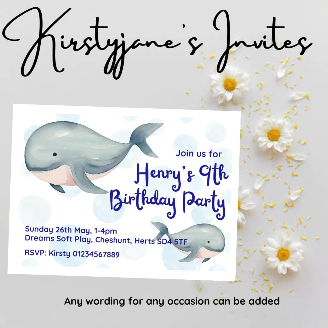 Personalised kids Whale birthday party invitations