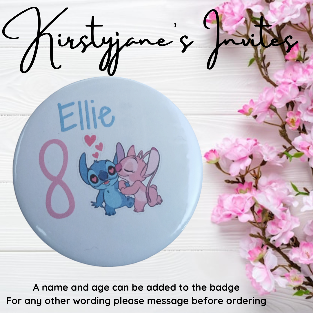Personalised Disney Angel & Stitch Birthday badge