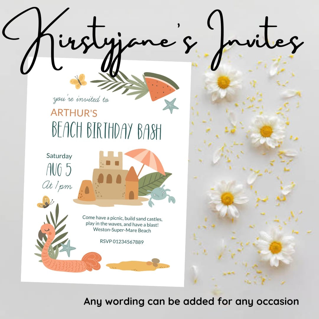 Personalised beach kids party birthday invitations