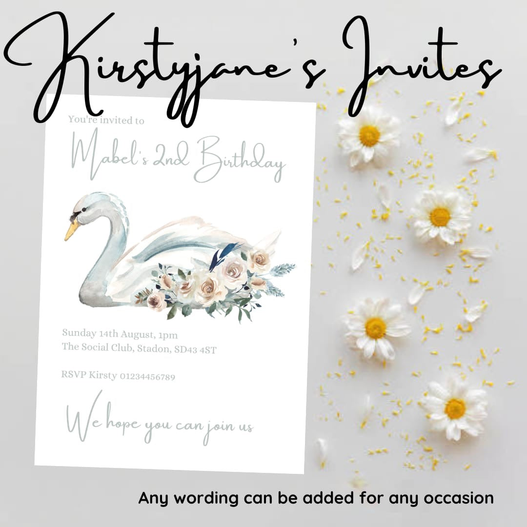 Personalised swan kids party birthday invitations