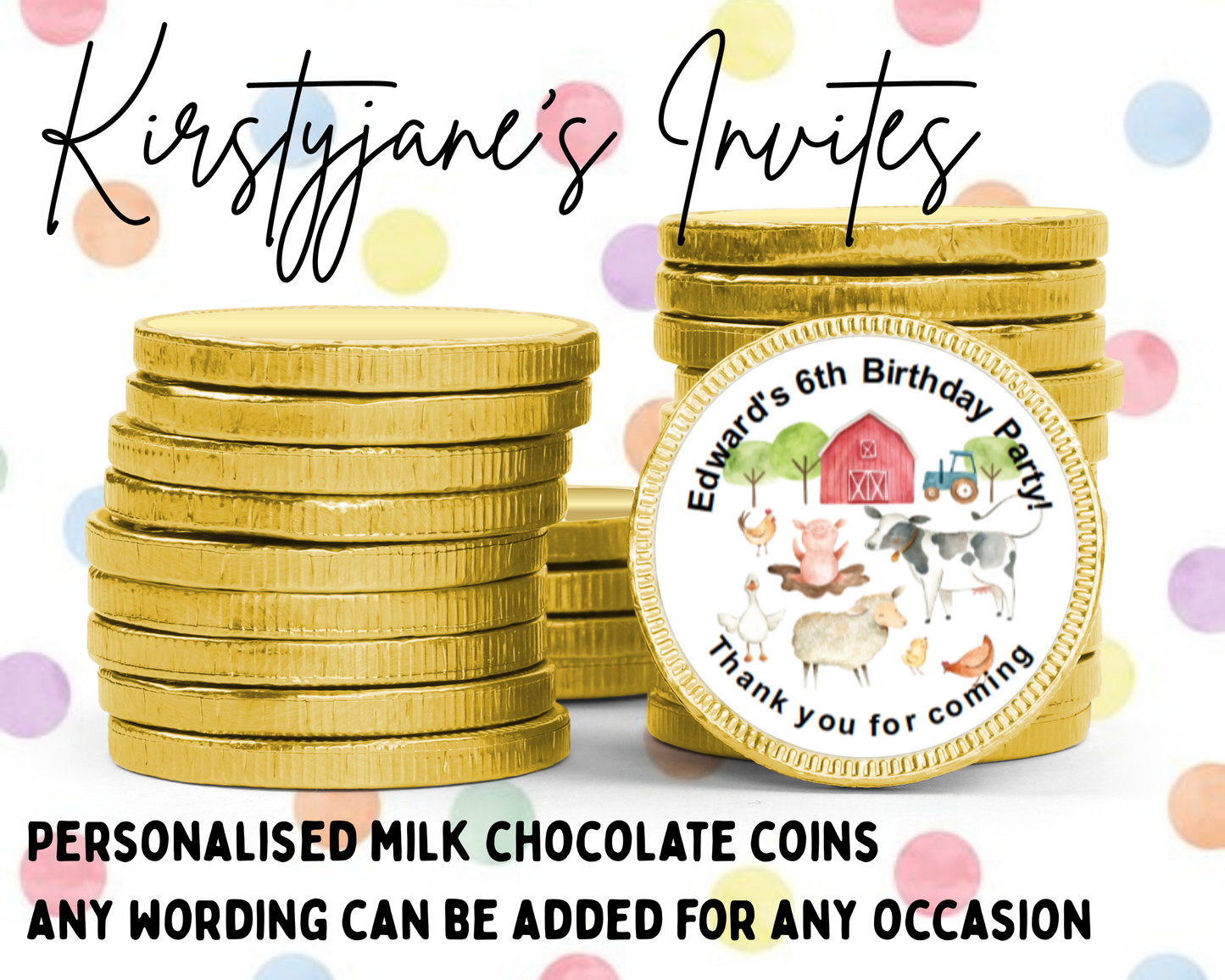 Personalised chocolate coins favours birthday party kids Boys girls farm farmyard cow pig sheep