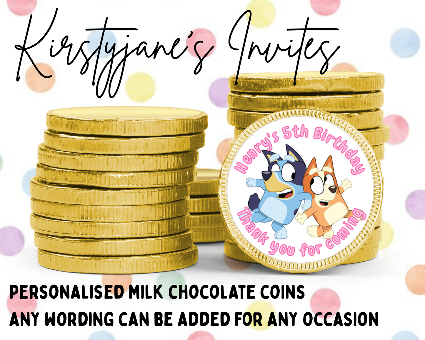 Personalised chocolate coins favours birthday party kids Boys girls bluey bingo