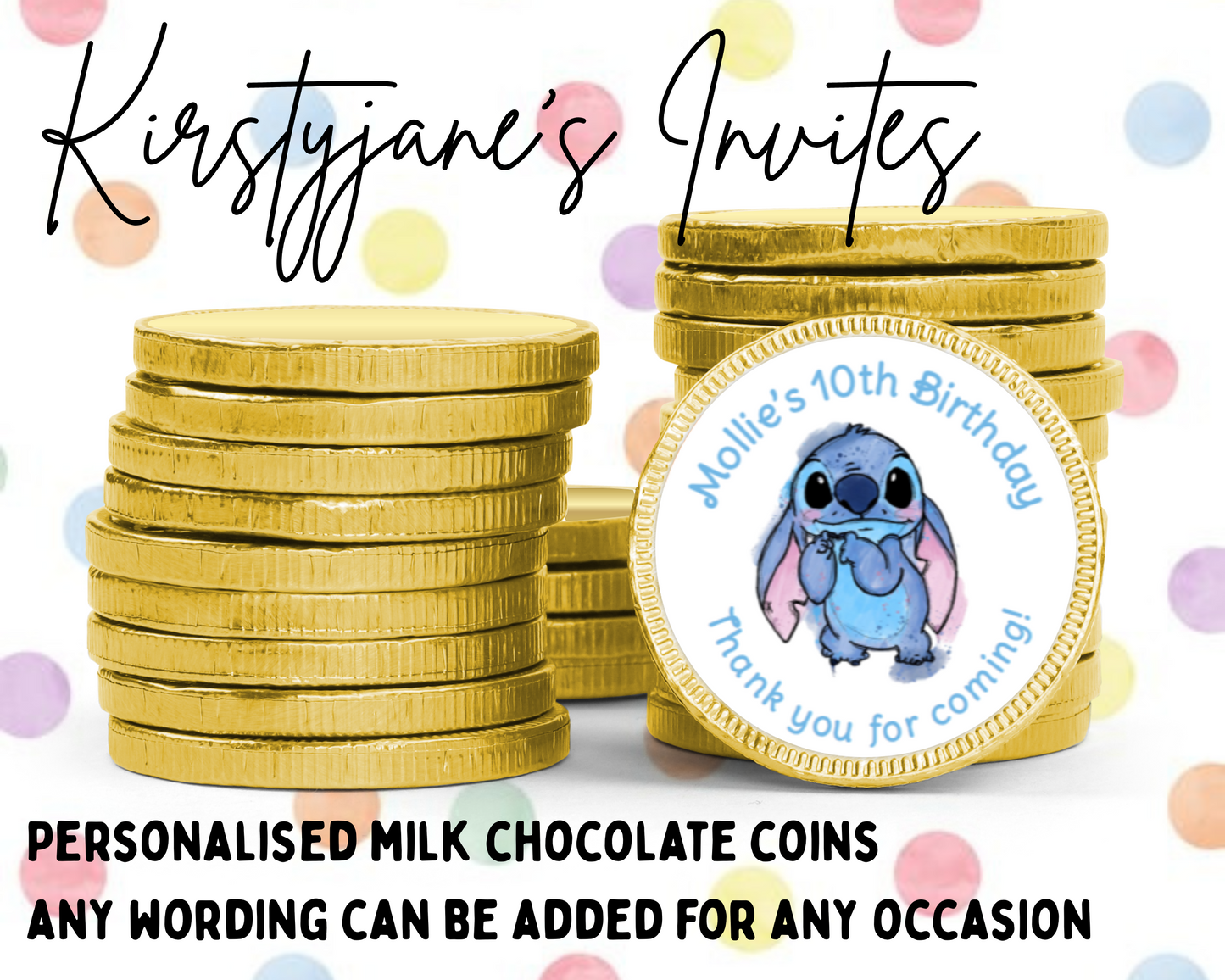 Personalised chocolate coins favours birthday party kids Boys girls disney stitch