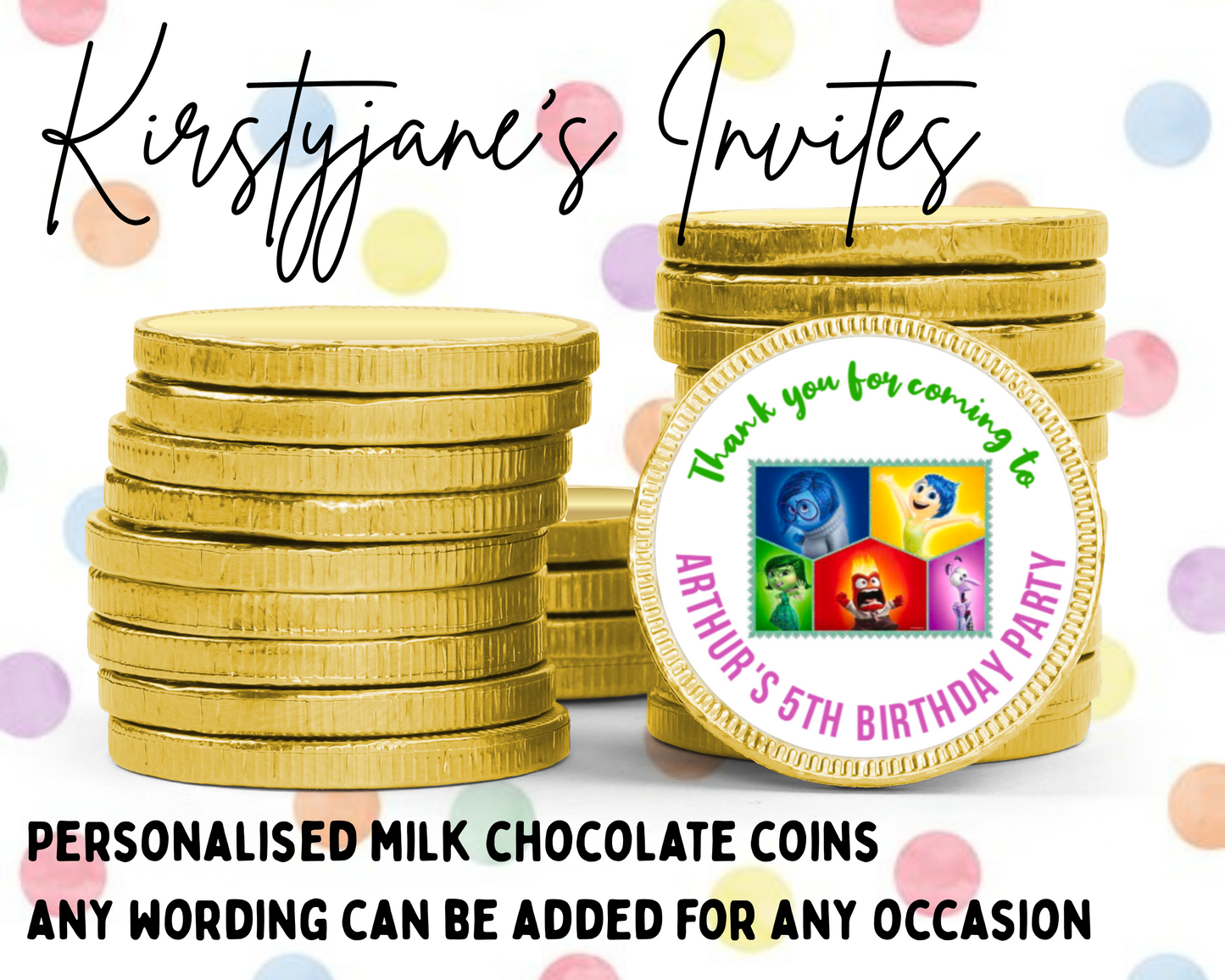 Personalised chocolate coins favours birthday party kids Boys girls inside out