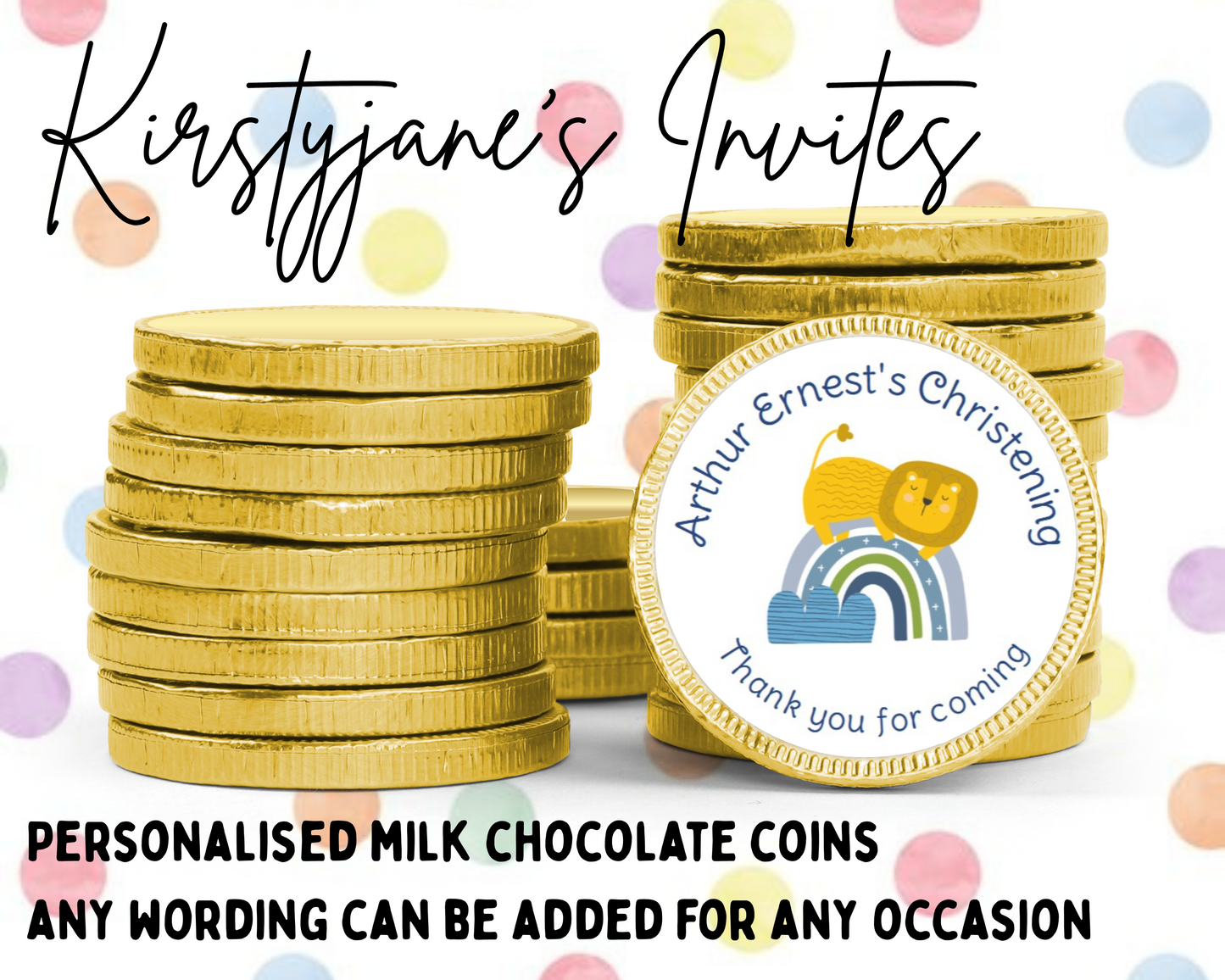 Personalised chocolate coins favours birthday party kids Boys girls Christening Baptism Baby Shower classic rainbow Lion