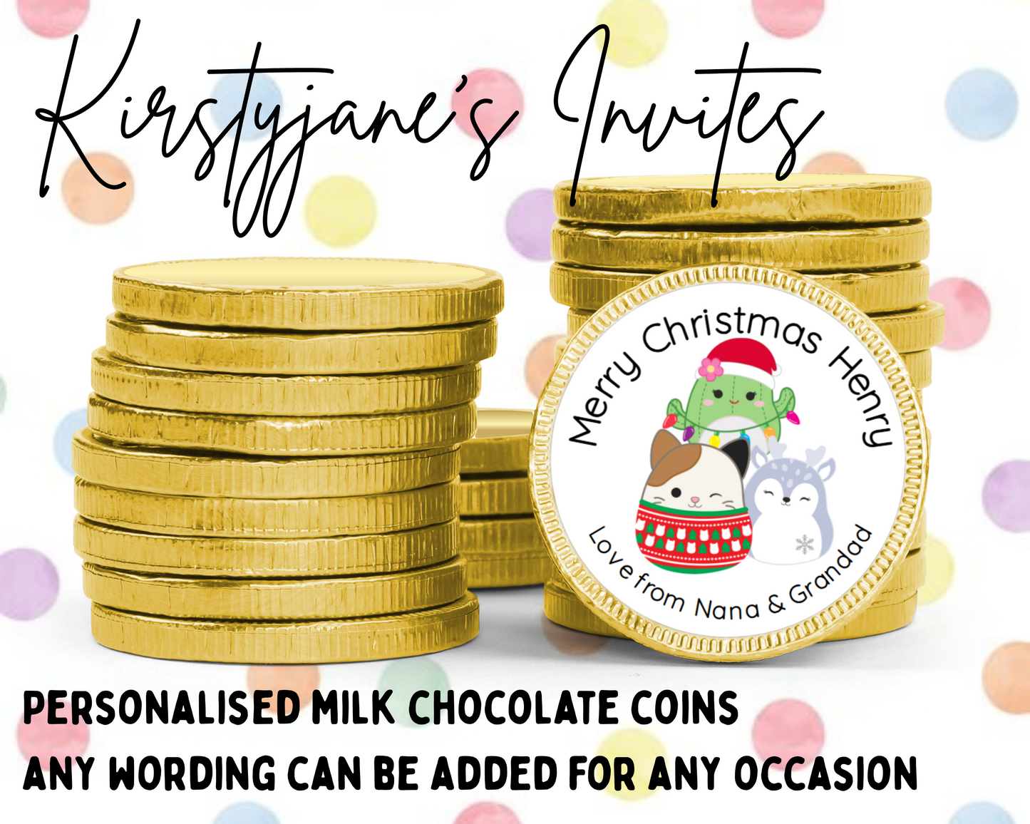 Personalised chocolate coins favours birthday party kids Boys girls chirstmas squishmallows