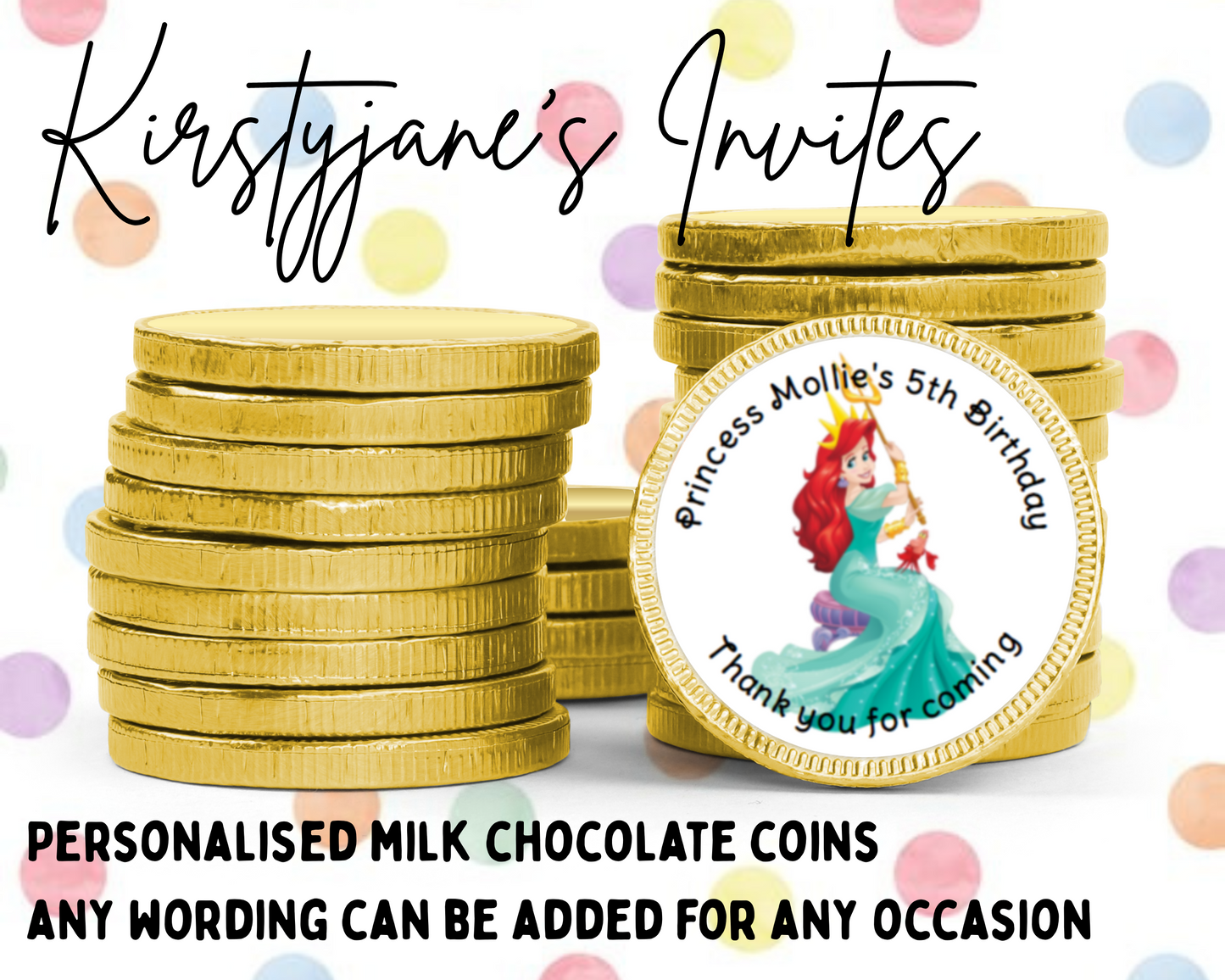 Personalised chocolate coins favours birthday party kids Boys girls Disney princess ariel the little mermaid