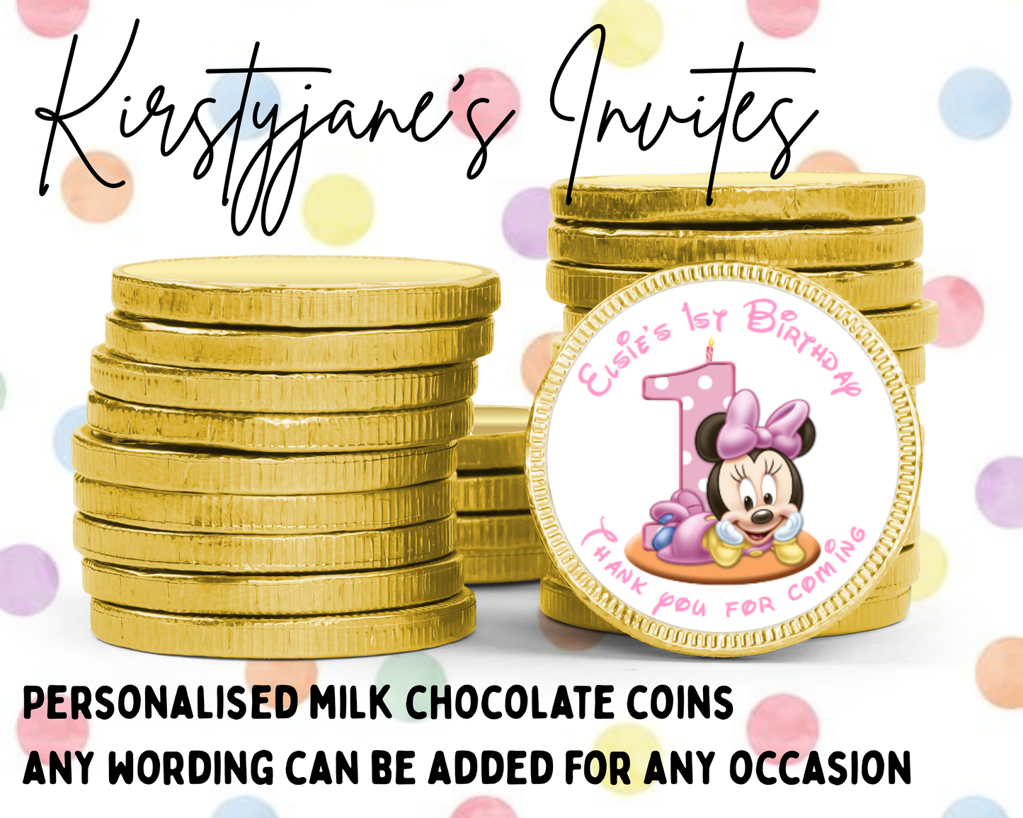 Personalised chocolate coins favours birthday party kids Boys girls Disney minnie mouse baby 1st