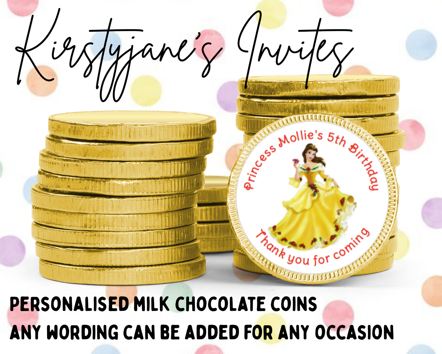 Personalised chocolate coins favours birthday party kids Boys girls Disney princess beauty and the beast belle