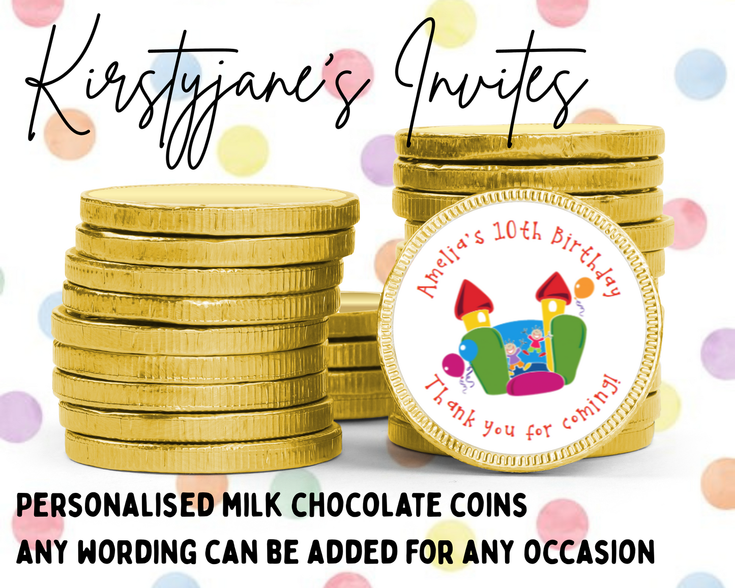 Personalised chocolate coins favours birthday party kids Boys girls bouncy castle