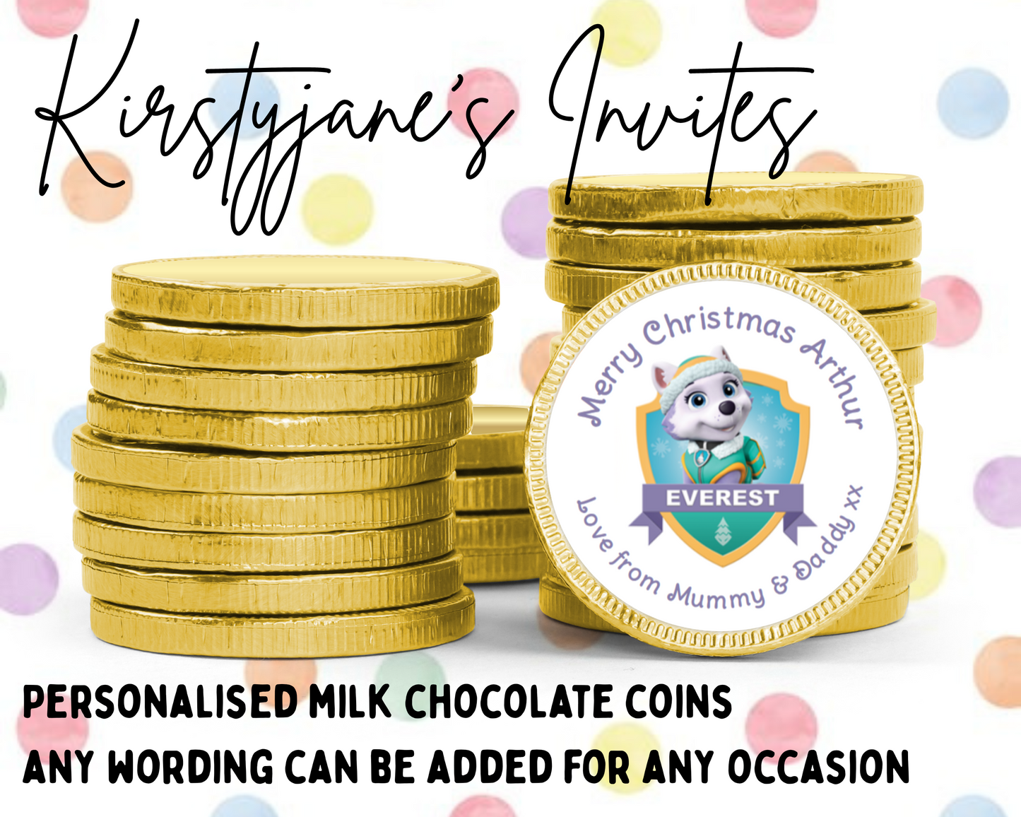 Personalised chocolate coins favours birthday party kids Boys girls paw patrol everest
