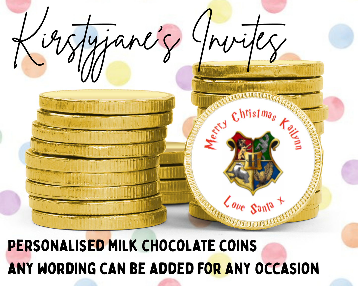 Personalised chocolate coins favours birthday party kids girls boys harry potter