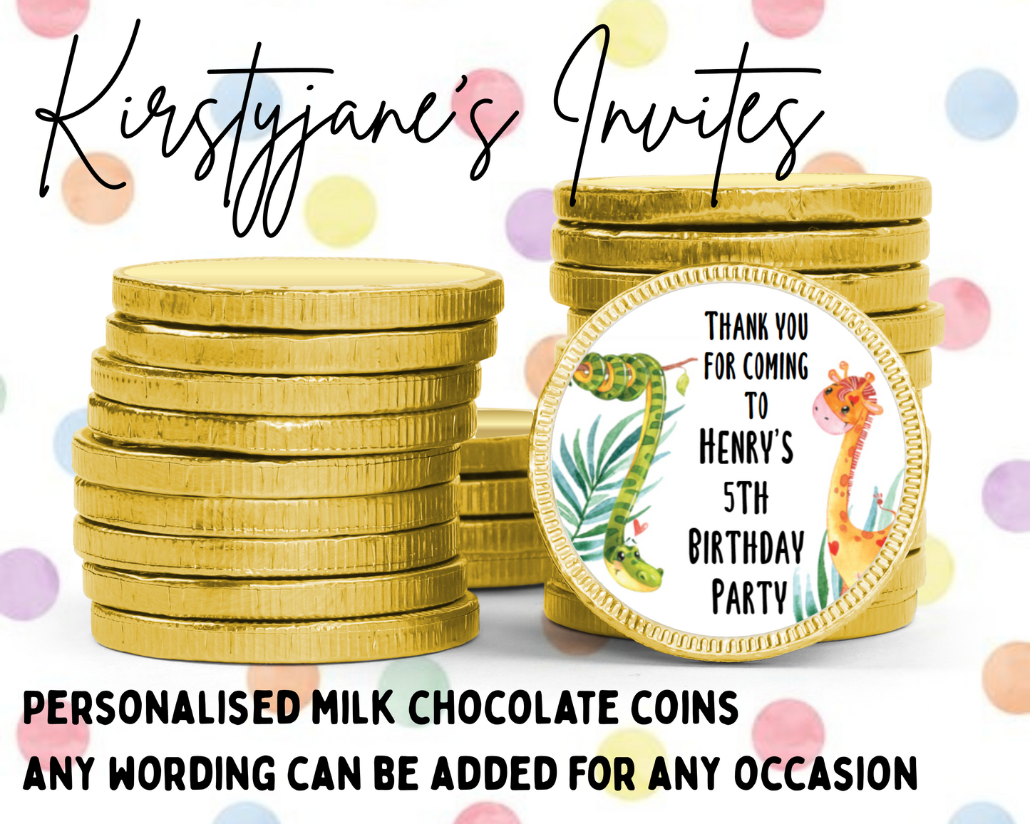 Personalised chocolate coins favours birthday party kids Boys Girls jungle snake giraffe