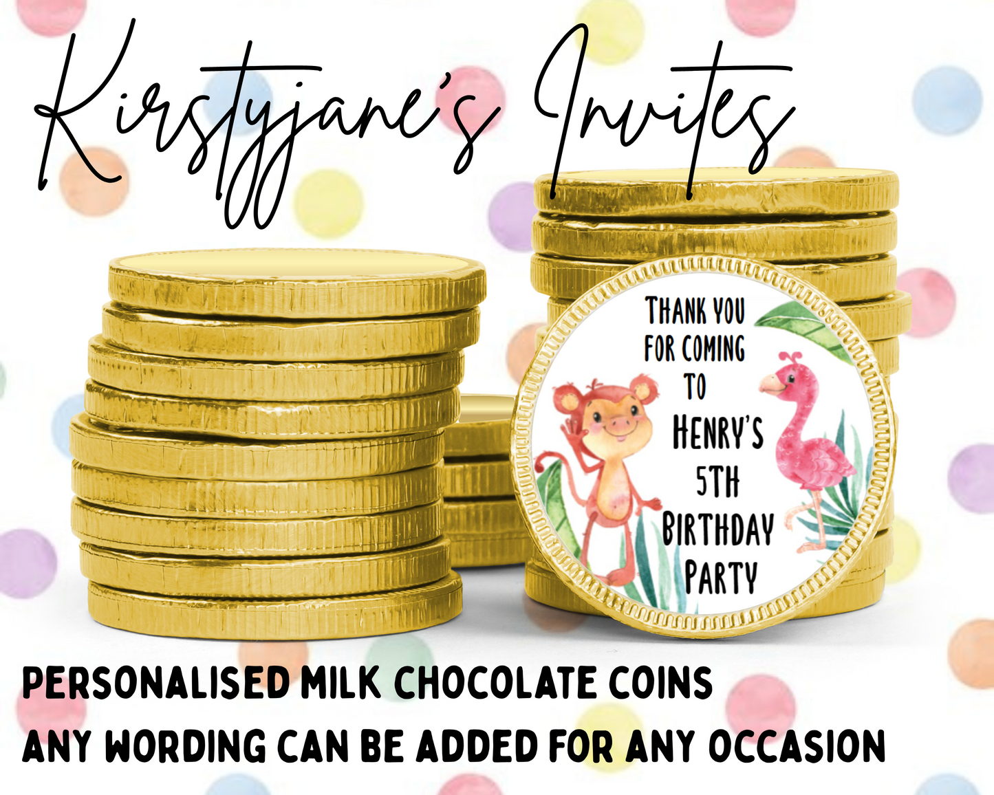 Personalised chocolate coins favours birthday party kids Boys Girls jungle monkey flamingo