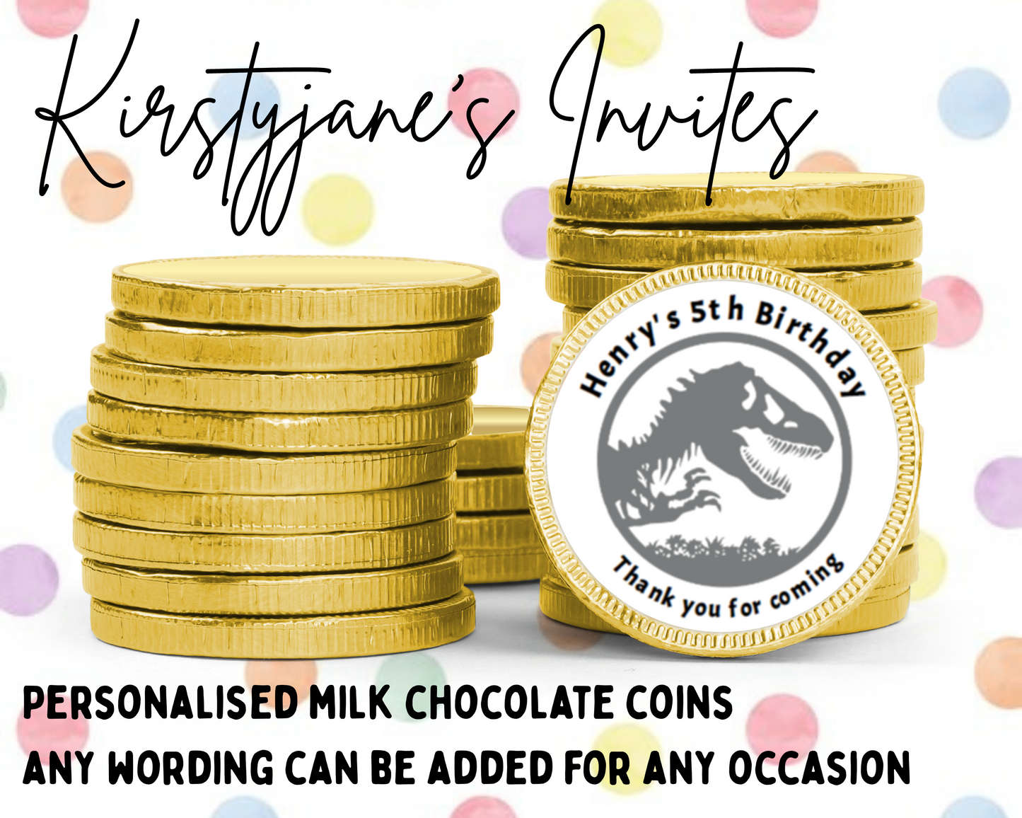 Personalised chocolate coins favours birthday party kids Boys Girls mens Jurassic world dinosaur
