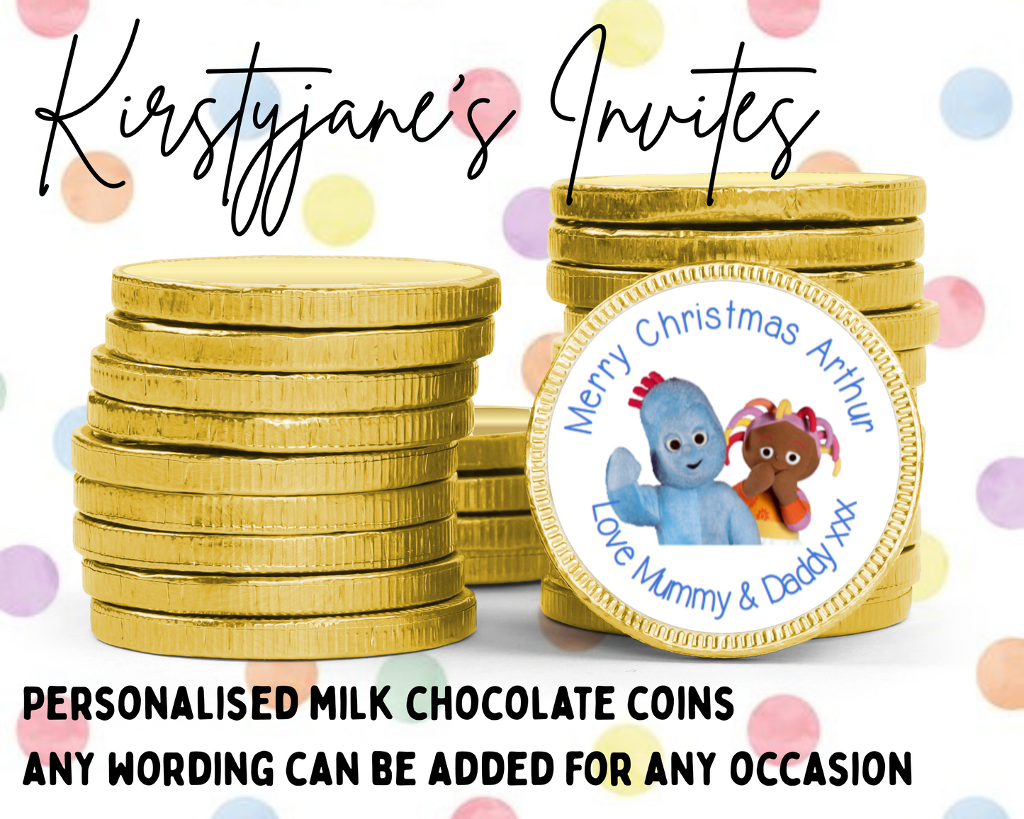 Personalised chocolate coins favours birthday party kids Boys Girls In the Night Garden Iggle Piggle Upsy Daisy