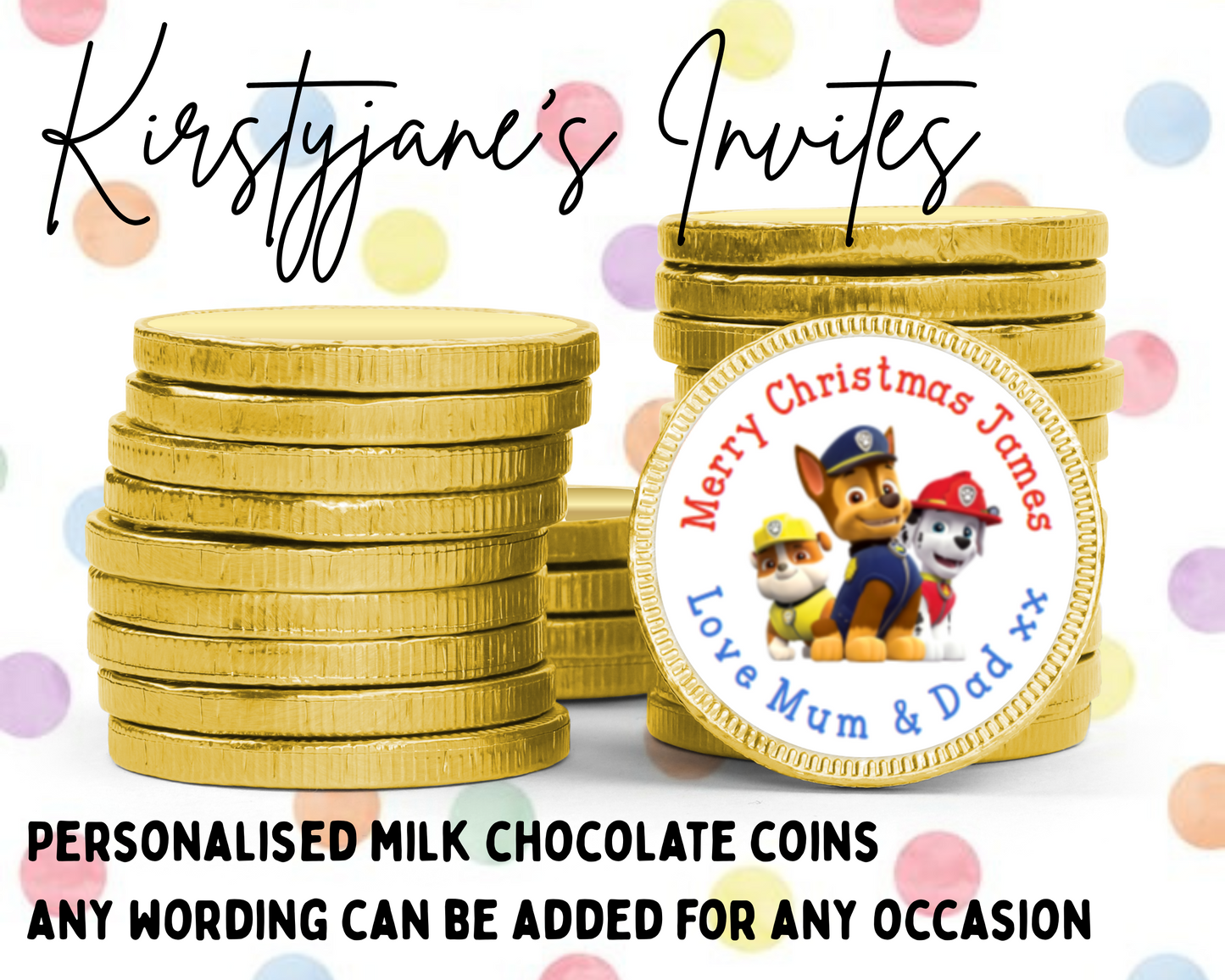 Personalised chocolate coins favours birthday party kids Boys Girls paw patrol