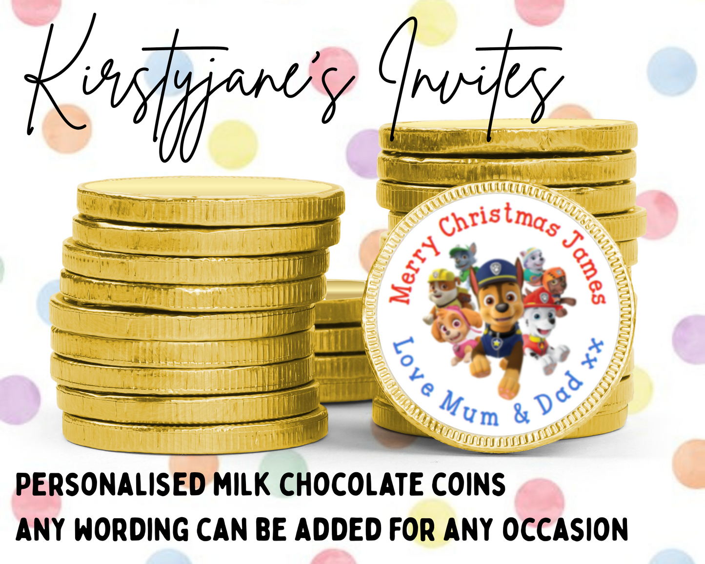 Personalised chocolate coins favours birthday party kids Boys Girls paw patrol