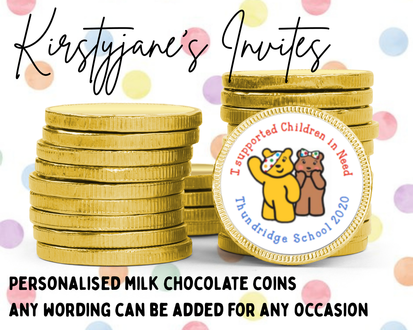 Personalised chocolate coins favours birthday party kids Boys Girls children in need pudsey bear