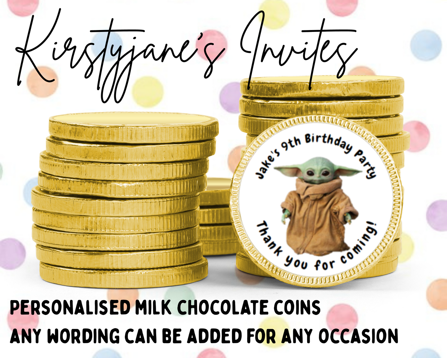 Personalised chocolate coins favours birthday party kids Boys girls Star wars grogu baby yoda men's women's