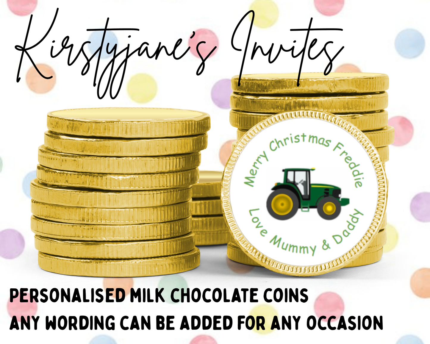 Personalised chocolate coins favours birthday party kids Boys girls Tractor
