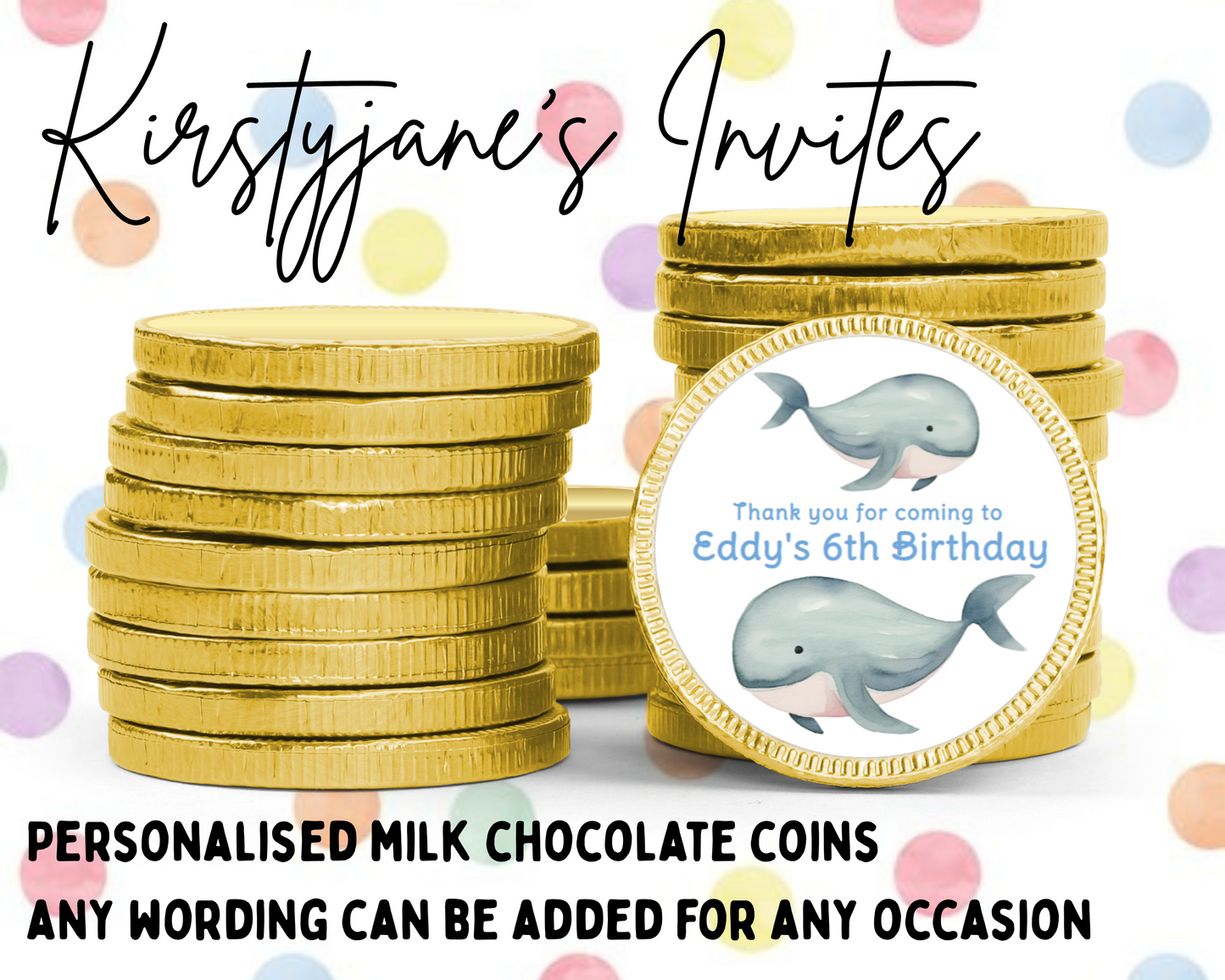 Personalised chocolate coins favours birthday party kids Boys girls whale sea nautical