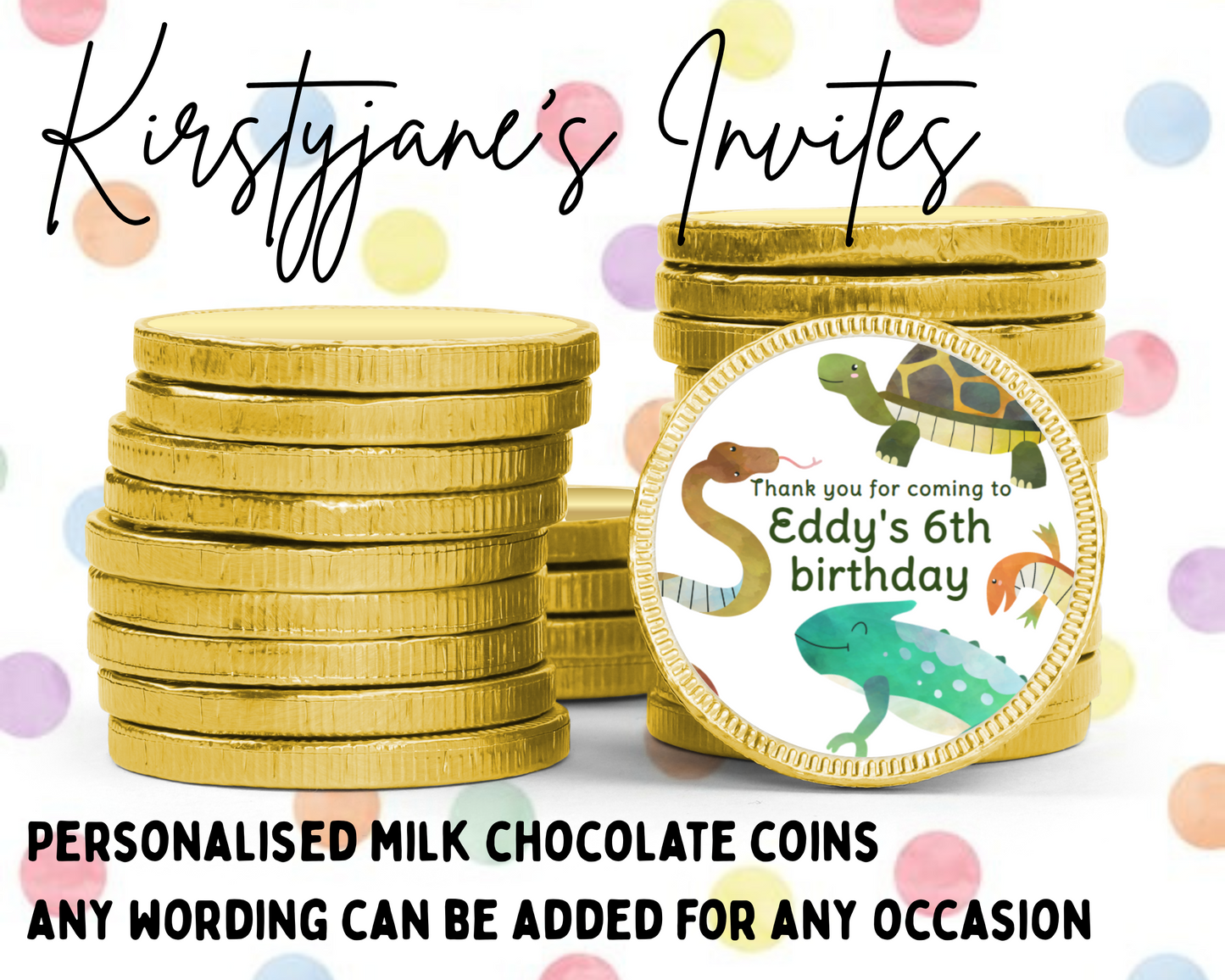 Personalised chocolate coins favours birthday party girls boys kids reptile lizard snake
