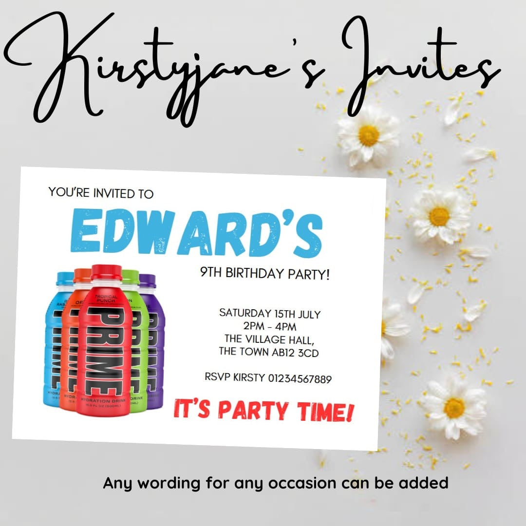 Personalised kids Boys girls prime birthday party invitations