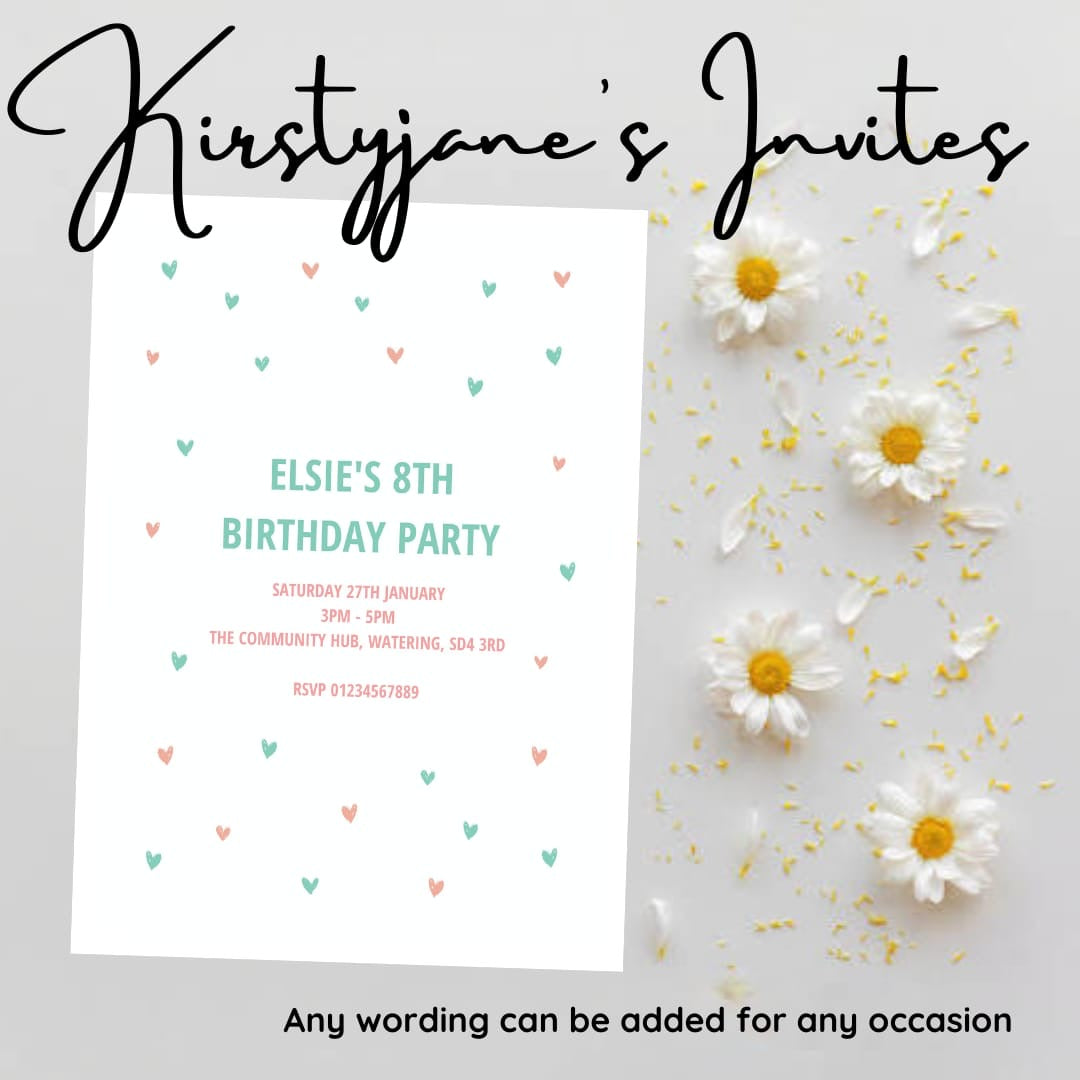 Personalised heart party birthday invitations