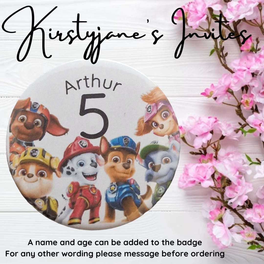 Personalised paw patrol boy girls child kids age name birthday badge