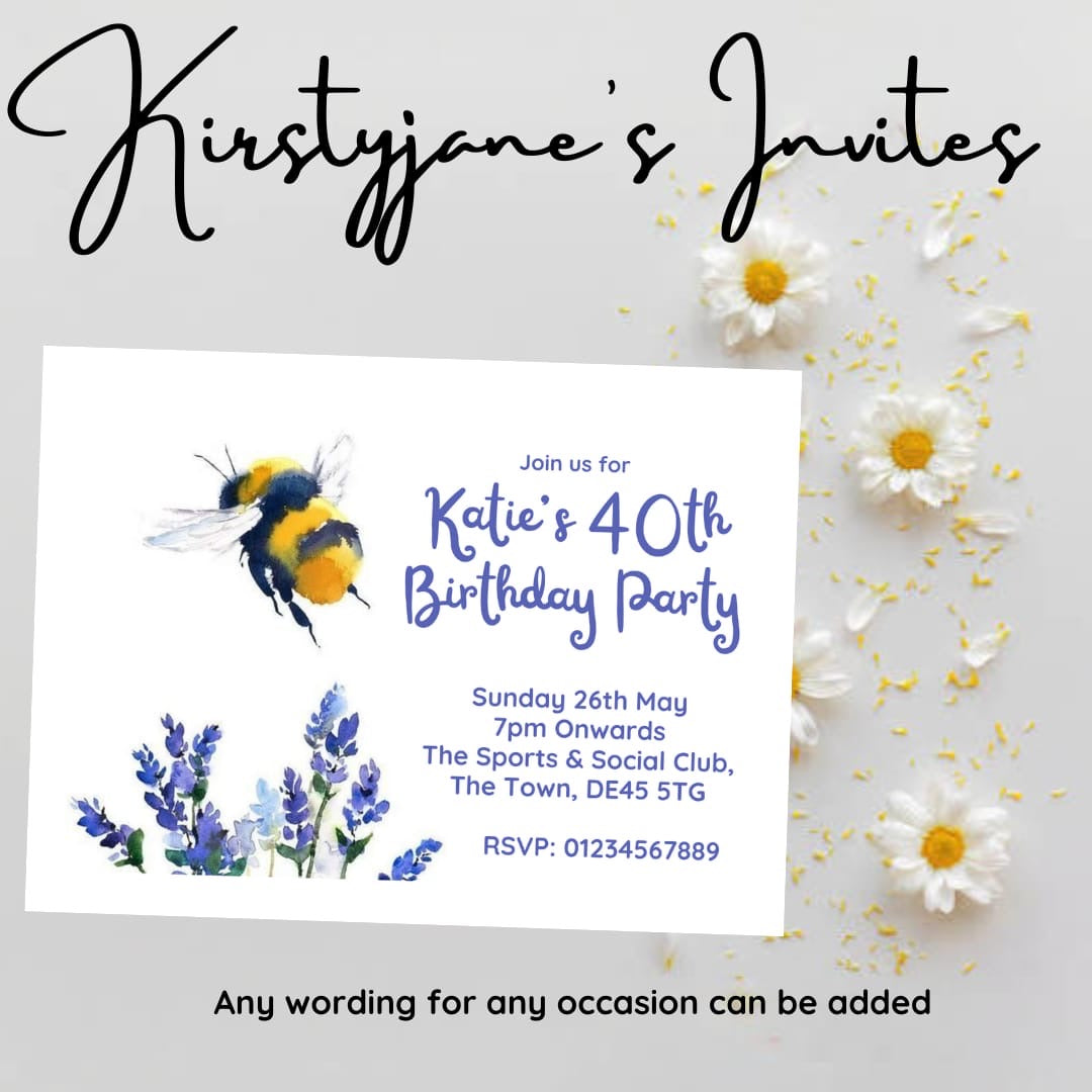 Personalised adult Bee Floral birthday party invitations